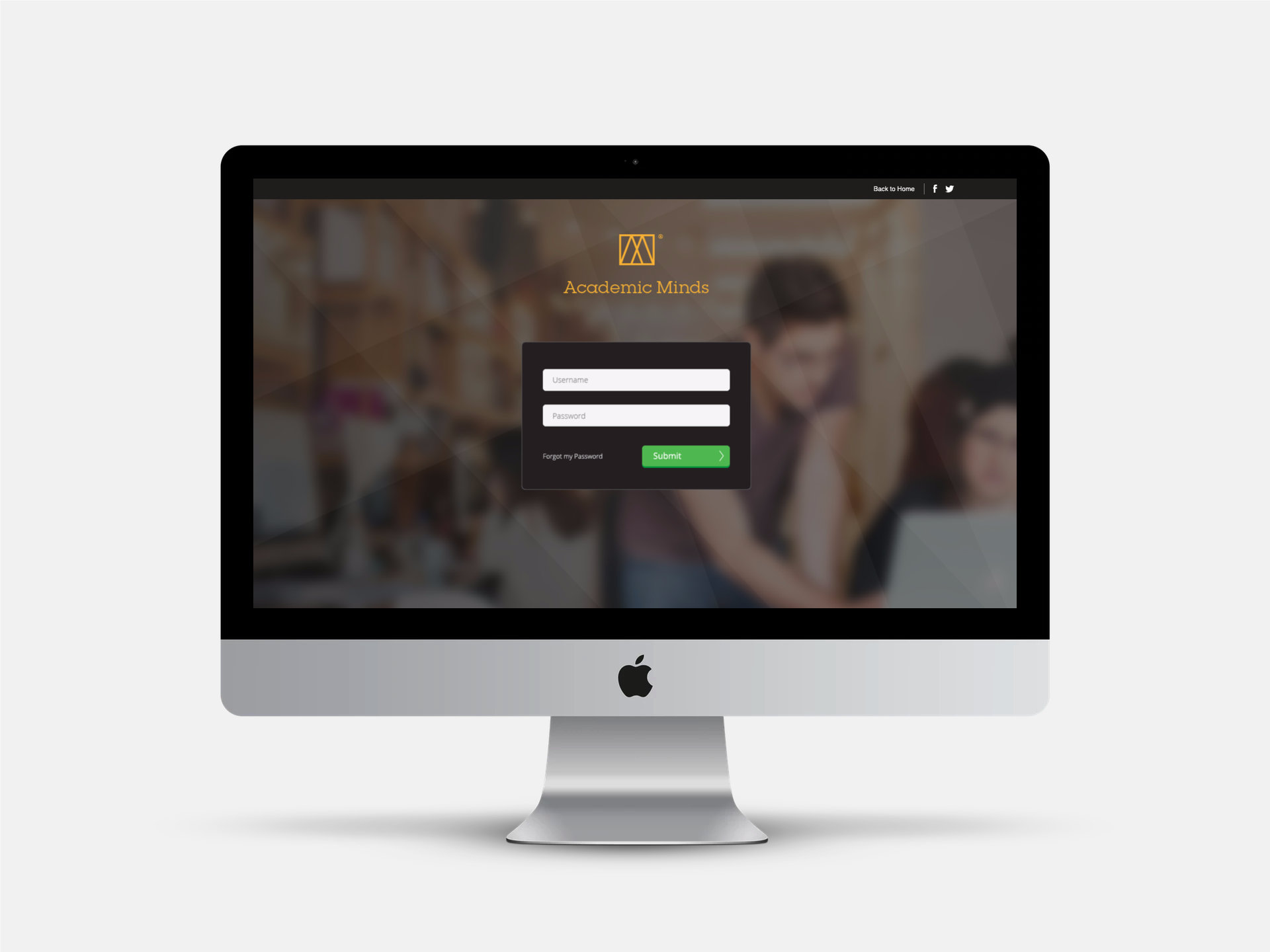 The portal login screen on a desktop monitor, with the Academic Minds logo over a blurred photo of students and a simple username and password form.
