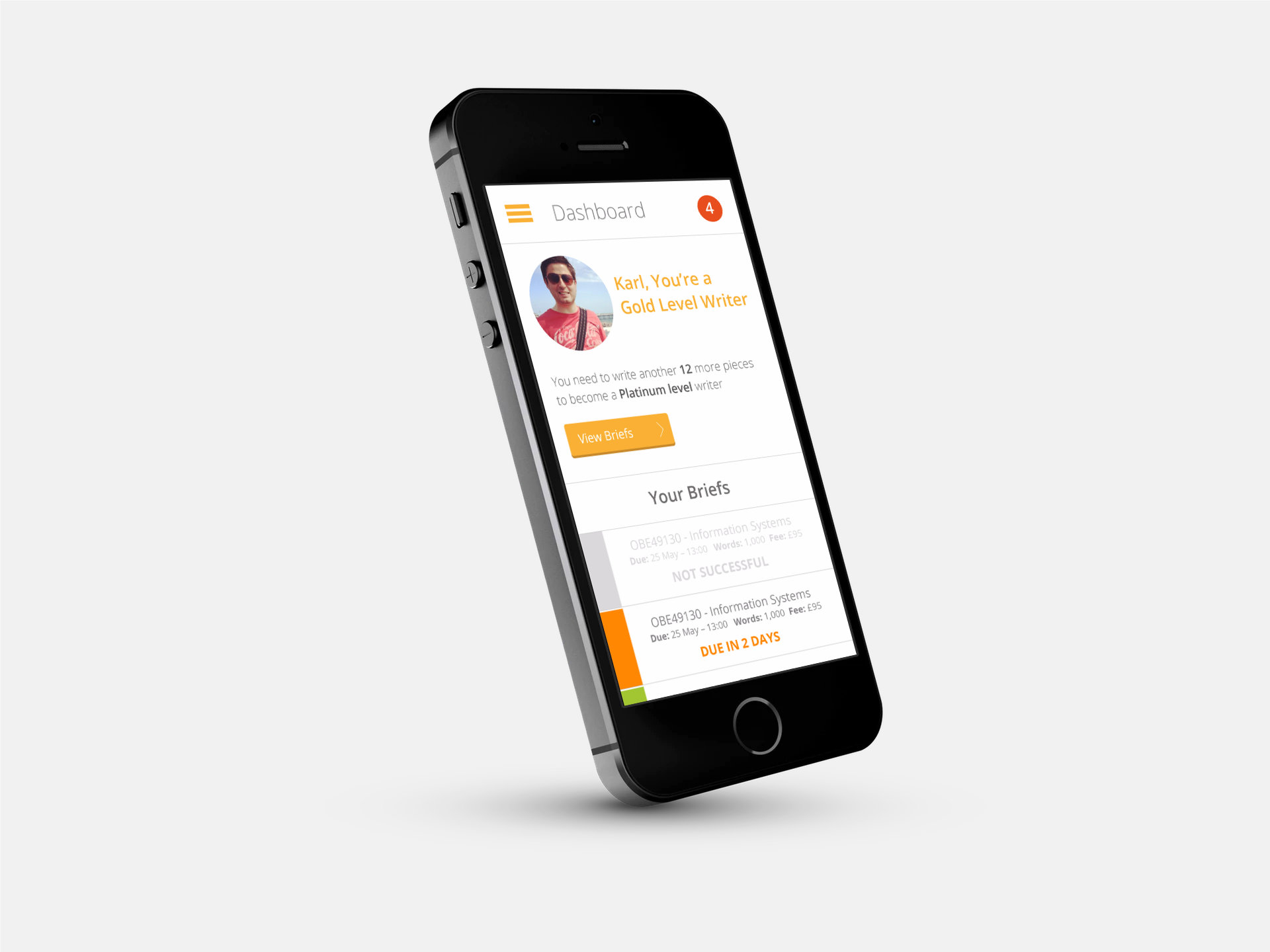 The portal dashboard on a phone: the writer's photo and Gold Level status, a 'View Briefs' button and a list of briefs with their status, such as 'Due in 2 days'.