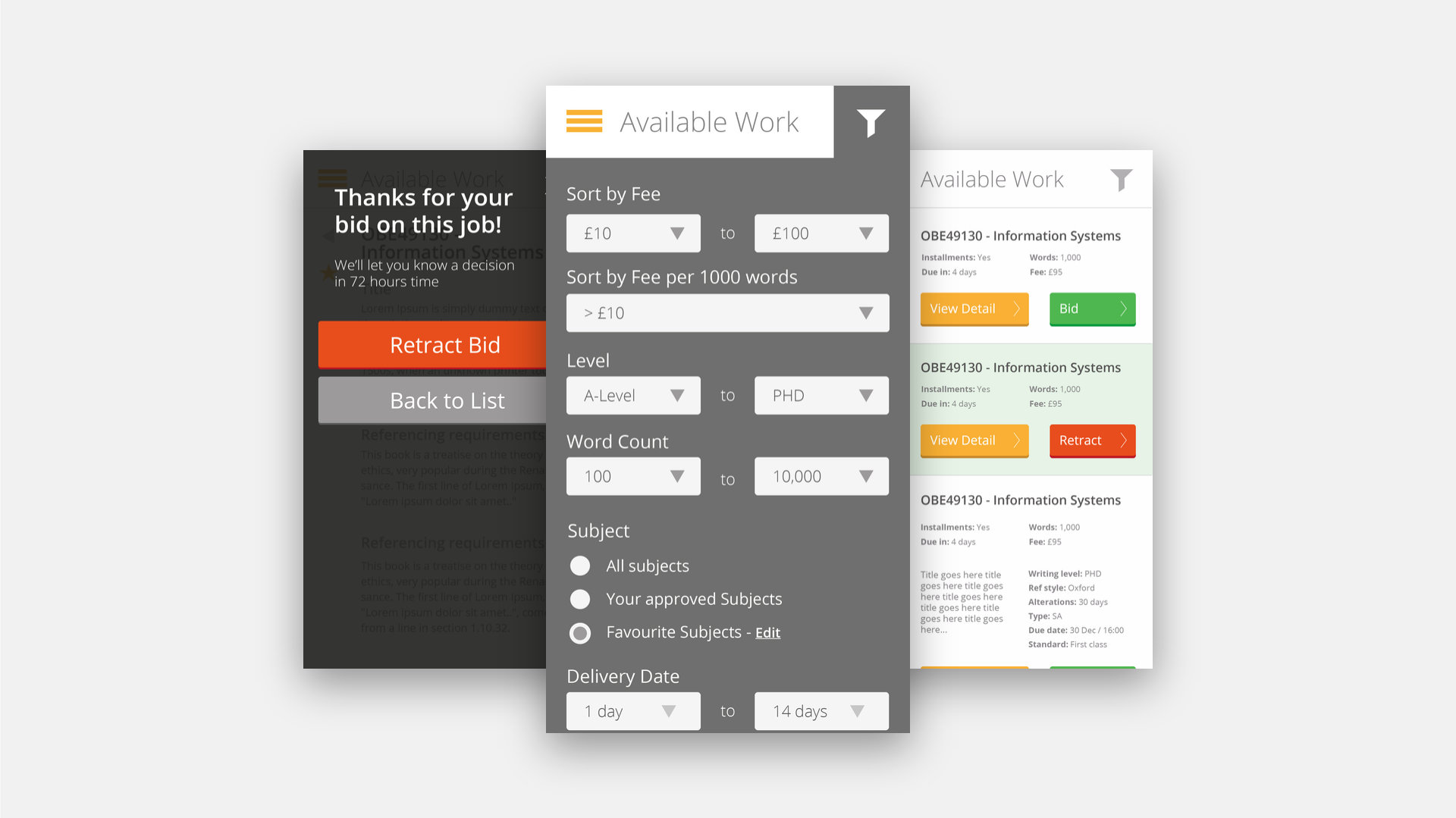 Three phone screens: the available work list with 'View Detail' and 'Bid' buttons, the filters panel with fee, level, word count, subject and delivery date, and a confirmation reading 'Thanks for your bid on this job'.