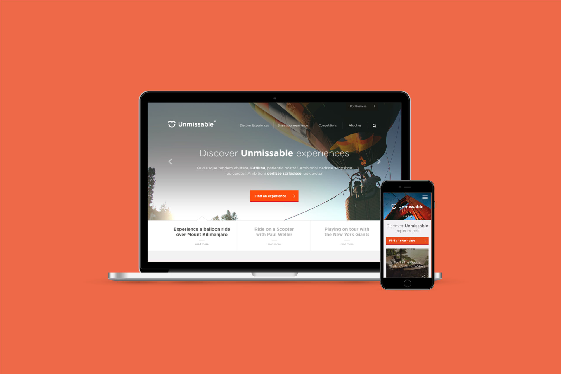 The Unmissable home page on a laptop and a phone, on an orange background. A hot air balloon fills the header behind the heading 'Discover Unmissable experiences' and an orange 'Find an experience' button, with three featured stories beneath.