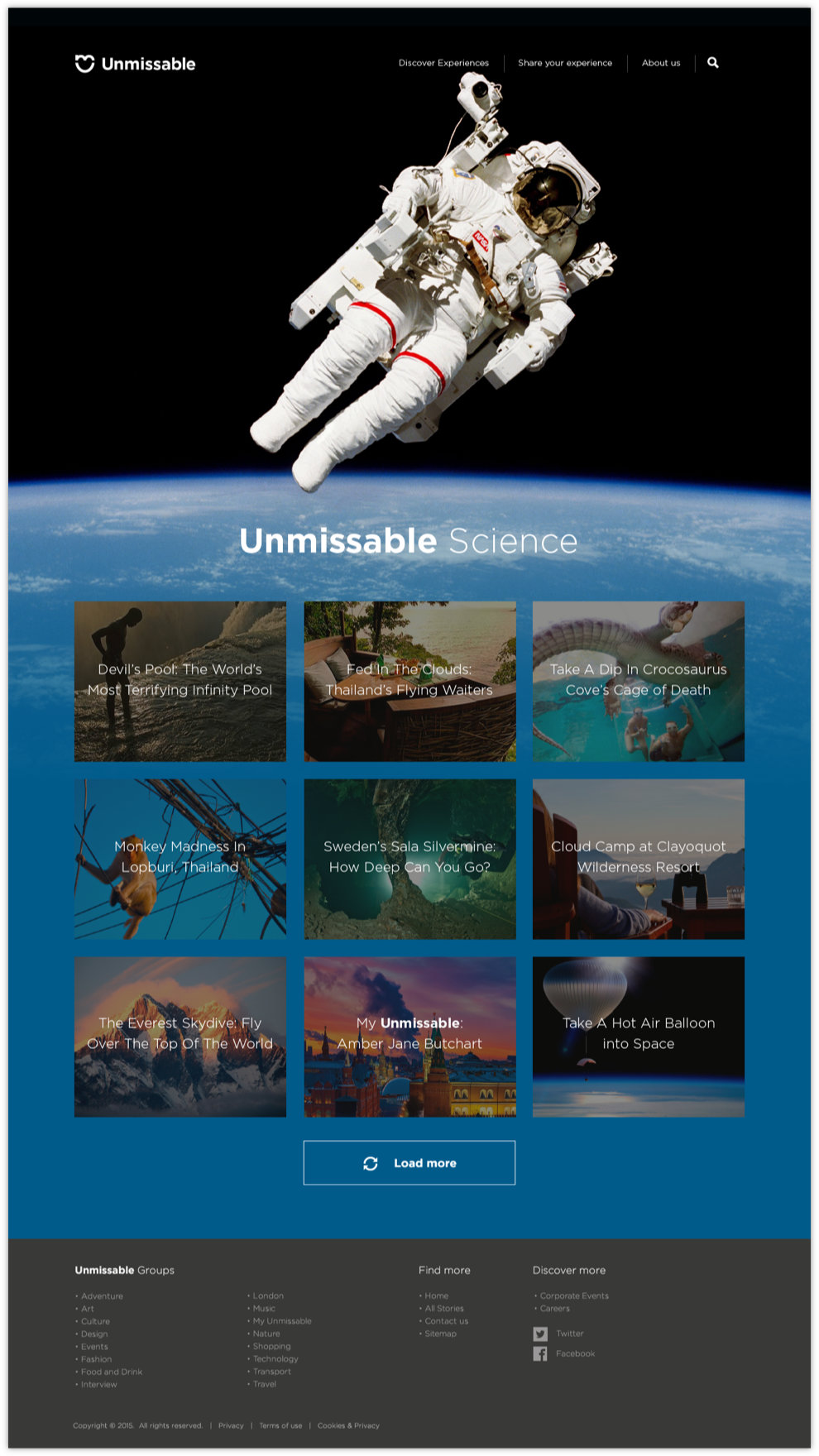 The Unmissable Science category page. An astronaut floats above the curve of the Earth under the heading 'Unmissable Science', above a grid of nine stories and a 'Load more' button.