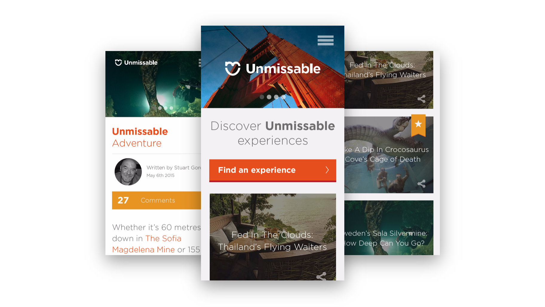 Three phone screens: the home page with the Golden Gate Bridge in the header and a 'Find an experience' button, an article page headed 'Unmissable Adventure', and a list of stories.