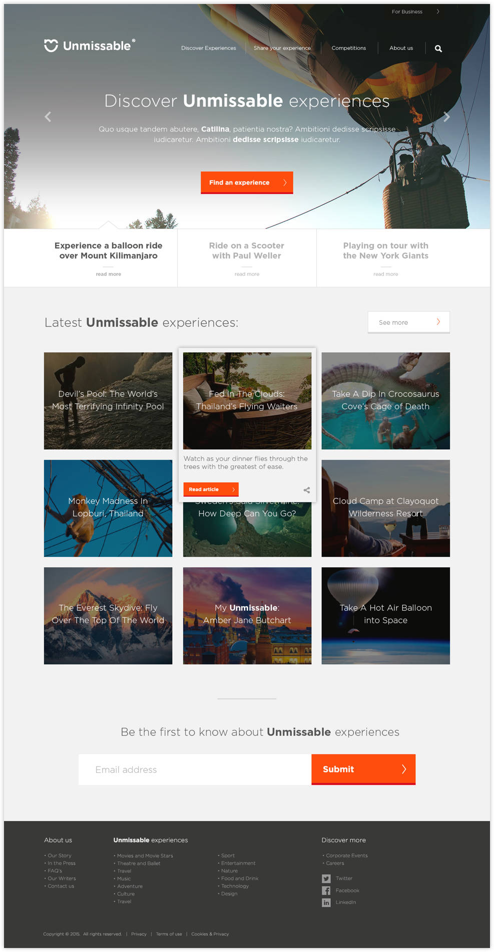 Two grey wireframes of the home page side by side. Both show a hero, three featured items and a grid of experiences. The second adds a filter panel with location and category options.