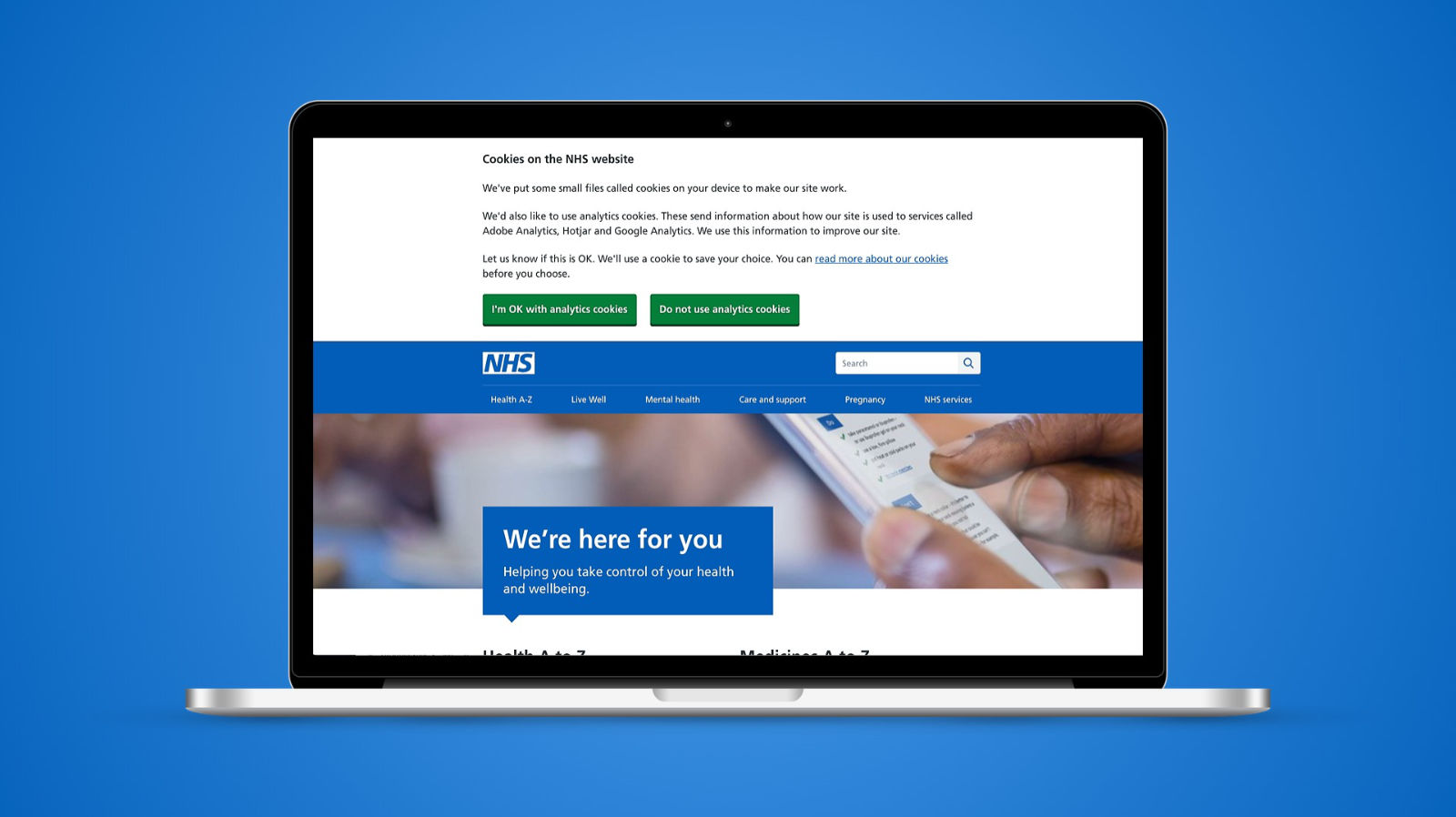 The NHS website home page on a laptop, with a cookie banner above the header. The banner is headed 'Cookies on the NHS website' and has two green buttons: 'I'm OK with analytics cookies' and 'Do not use analytics cookies'.