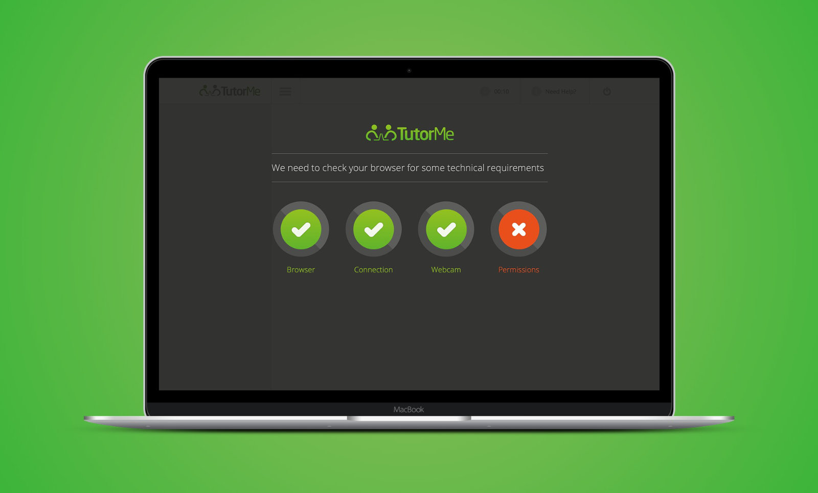 The TutorMe virtual classroom on a laptop, on a green background. A dark start up screen reads 'We need to check your browser for some technical requirements' above four circular indicators: Browser, Connection and Webcam with green ticks, and Permissions with an orange cross.